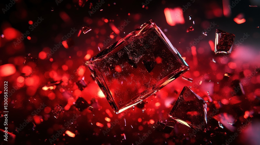 Poster irregularly broken red glass shards float in a mystical veil of mist, evoking a sense of wonder and 