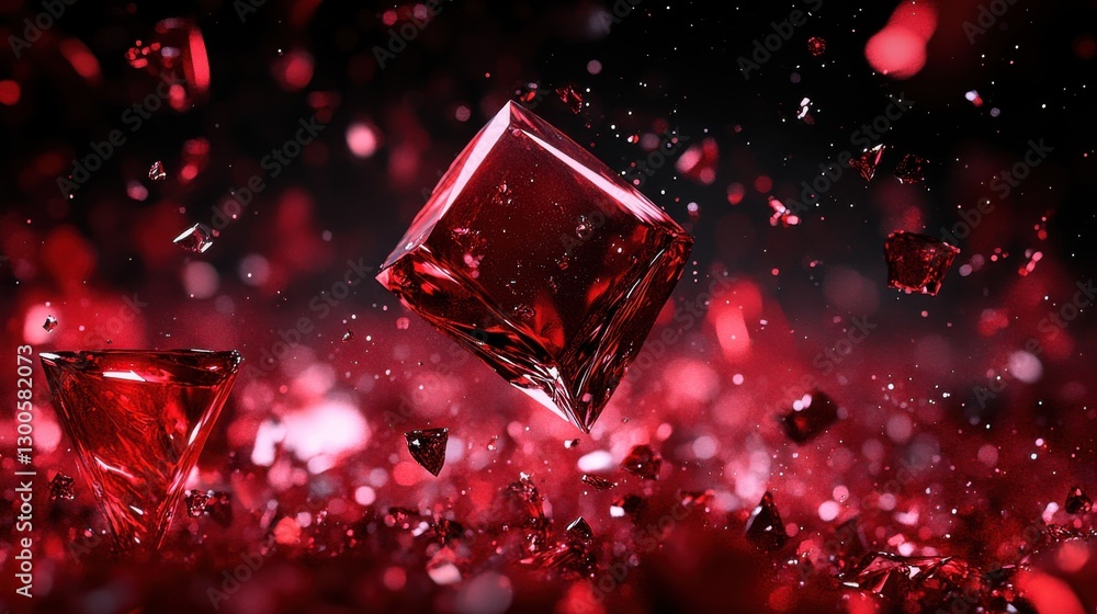 Poster fragments of crimson brilliance suspended in the air create a mesmerizing dance of light amidst shad