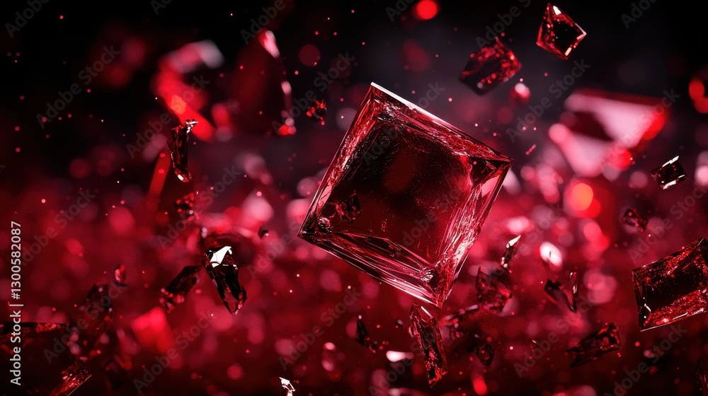 Poster floating shards of broken red glass create an otherworldly spectacle in a misty, dark atmosphere, ev