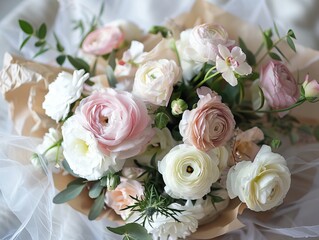 Obraz premium A romantic, vintage-style bouquet with soft pink and white ranunculus, delicate garden roses, and fresh greenery, wrapped in translucent paper with a handwritten tag. 