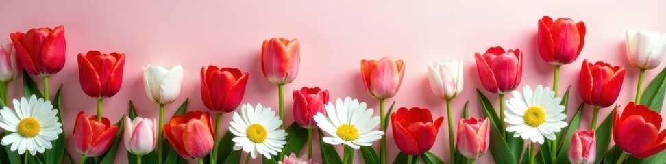 Fototapeta premium Red and white tulips & daisies, vibrant floral backdrop, macro, floral
