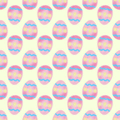 Festive seamless pattern of watercolor Easter eggs in various artistic designs, perfect for children's apparel, seasonal branding, and traditional holiday crafts