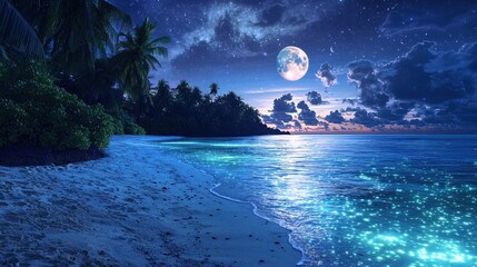 A beautiful beach with a large moon in the sky