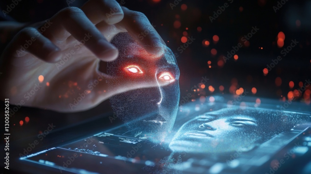 Poster programmer manipulating a holographic face with glowing red eyes above a tablet displaying another f