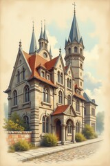 Fototapeta premium Ai disegno pastello e matite di antiche chiese, architettura 02