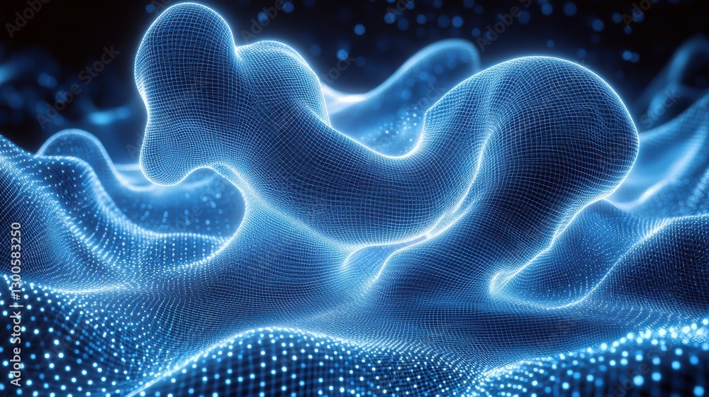 Poster complex abstract entity immersed in a blue digital matrix glows gently, showcasing intricate twisted