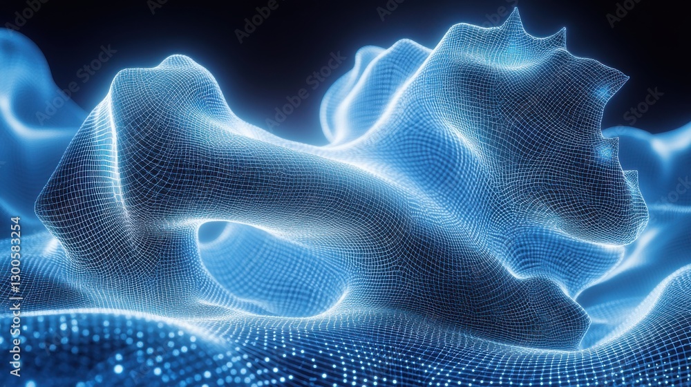 Poster Exploration of a Twisted Abstract Entity within a Blue Digital Matrix Illuminated by Soft Glow