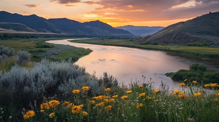 Serene sunset over a meandering river in a mountain valley, wildflowers in the foreground.