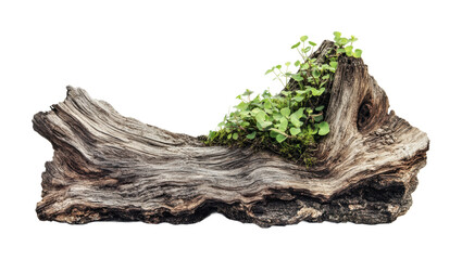 Natural beauty of weathered driftwood with vibrant green plants growing on its surface in a serene environment, cut out