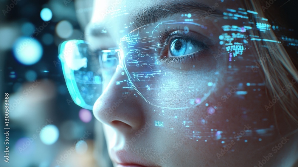 Poster the image captures the intense gaze of a young professional eyes fixed on a futuristic interface as 