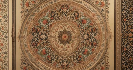 Intricate floral patterns adorning a traditional Islamic-style manuscript page,  manuscripts,  ancient art,  illuminated pages