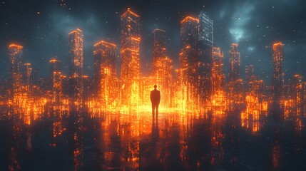 Fototapeta premium Proud Architect Surrounded by Futuristic City in Glowing Neon Lights