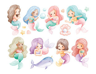 Watercolor Illustration Set of Cute Mermaid in Pastel Color © Stella