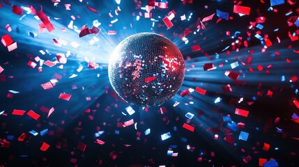Dance floor magic unfolds with vibrant disco ball light beams and a cascade of red, white, and blue confetti celebrating a festive atmosphere