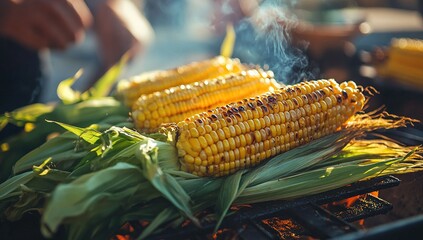 Grilled Corn on the Cob with Smoke at an Outdoor Barbecue