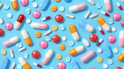A blue background with assorted pills and capsules in various colors.