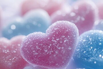 Fototapeta premium Romantic heart-shaped jelly candies with a sparkling sugar layer.