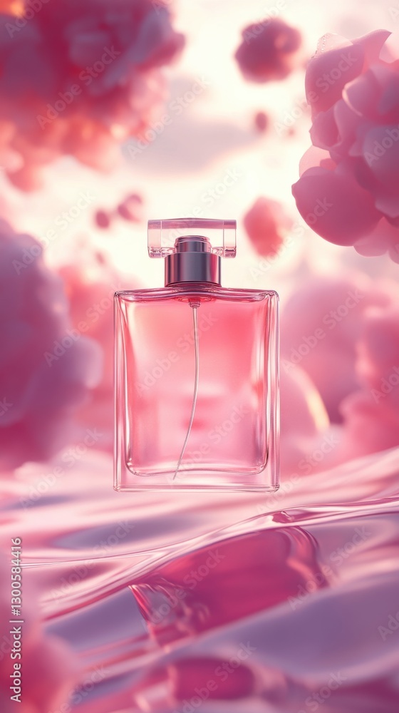 Poster floating elegance captured in a delicate moment with a beautiful perfume bottle surrounded by soft h