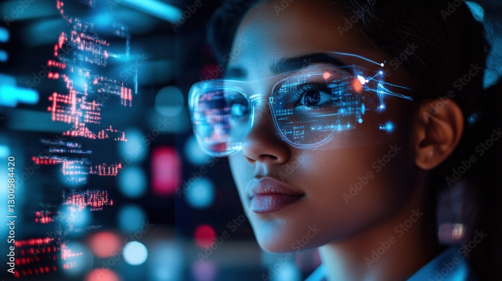 Poster woman wearing smart glasses analyzing lines of code on a transparent screen in a futuristic environm