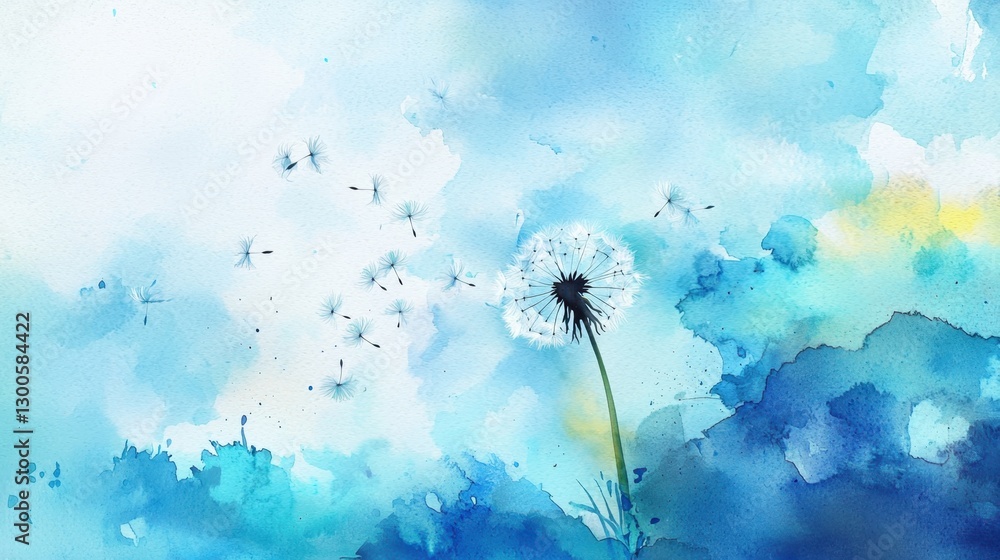 Poster a painting of a field with a single dandelion in the foreground
