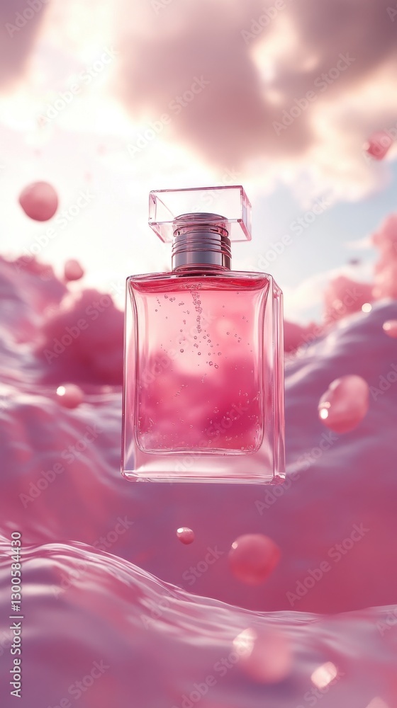 Poster floating bottle of perfume against a soft pink backdrop emanating elegance and charm in a whimsical 