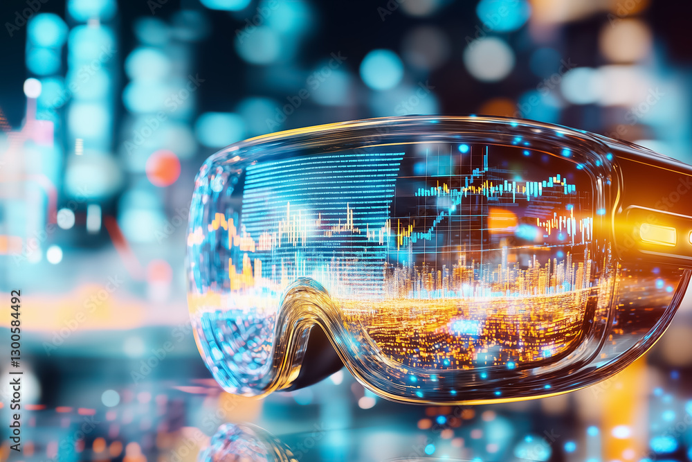 Poster in a futuristic setting, a high-tech augmented reality headset projects a dynamic 3d financial chart