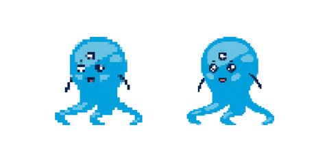A blue pixel art octopus featuring three eyes. the design is playful, showcasing cartoon qualities.