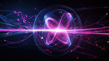 Fototapeta premium Abstract magnetic field visualization with glowing lines and arrows representing the flow of magnetic force around a central object in a dark, empty space.