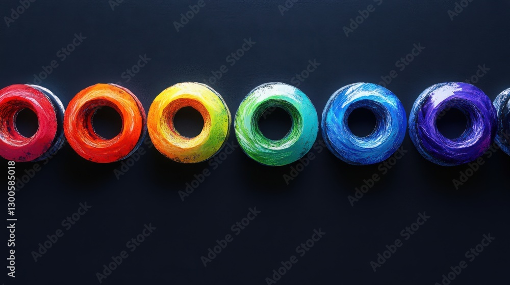 Poster artistic rendition of colorful tori aligned in a linear gradient pattern