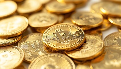 Close Up of Gold Bitcoin Coins Piled High