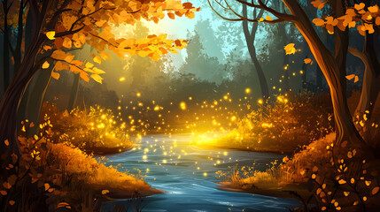 Obraz premium Enchanted Autumn Forest River Scene
