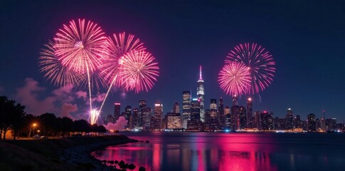 New Year fireworks exploding over a city skyline at night, skyscraper, fireworks