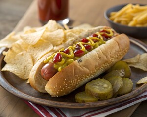 Delicious hot dog with mustard, ketchup, potato chips, and pickles.