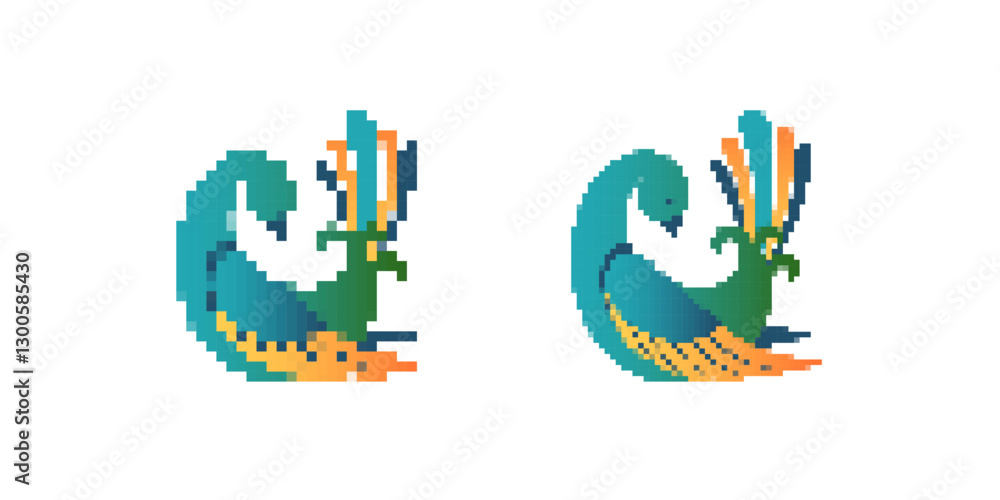 Poster a stylized pixel art bird features a colorful array of vibrant feathers, showcasing artistic detail.
