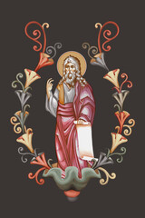 Jeremiah weeping prophet. Decorative vintage floral element, illustration in Byzantine style