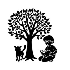 little boy is reading a book under the tree with a cute dog icons of silhouette black illustration isolated on a transparent background