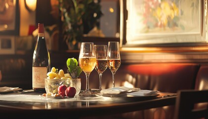 Obraz premium A table setting with wine glasses and various accompaniments arranged neatly