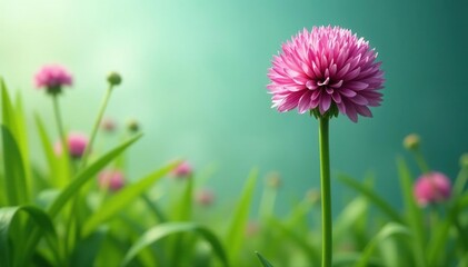 Tall, green stem with a few large, globe-shaped flowers in the background, giant allium, foliage