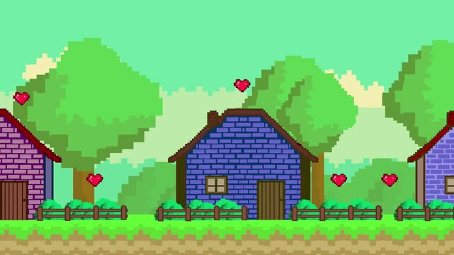 Old style 16-bit game animation of a village with houses in the forest, pixel, art.
