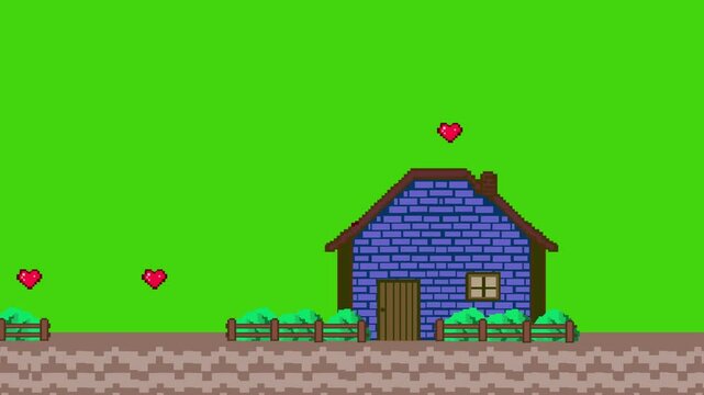 Old style 16-bit game animation of a village with houses passing by on a green background, pixel, art.