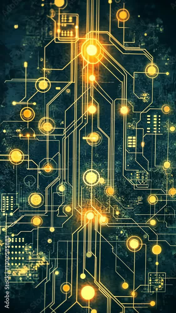 Poster circuit board with glowing lines and nodes illustrating digital technology in modern design