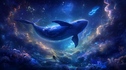Obraz premium Glowing sea creature drifting in deep waters, a serene underwater encounter revealing nature's hidden wonders.