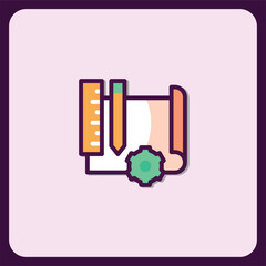 Engineering Design Icon, Blueprint, Pencil, Ruler, Gear