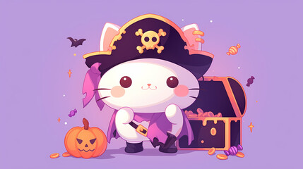 Adorable cartoon cat dressed as a pirate, sitting by a treasure chest filled with candies, surrounded by Halloween decorations