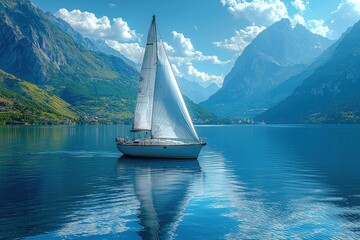 a serene sailing boat gracefully gliding across a tranquil lake, with majestic mountains rising in the background
