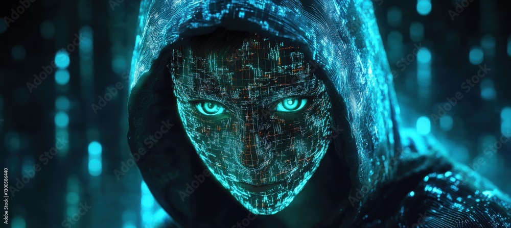 Poster Mysterious figure cloaked in digital light explores an abstract cyber world filled with intricate patterns and glowing motifs