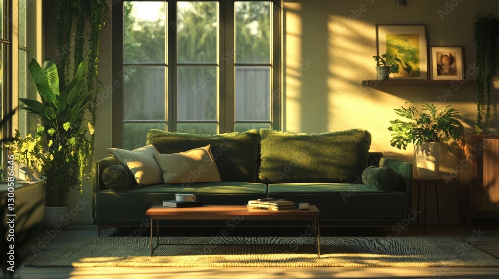 Poster a casual lounge corner with a plush green sofa and a low coffee table bathed in warm natural light f