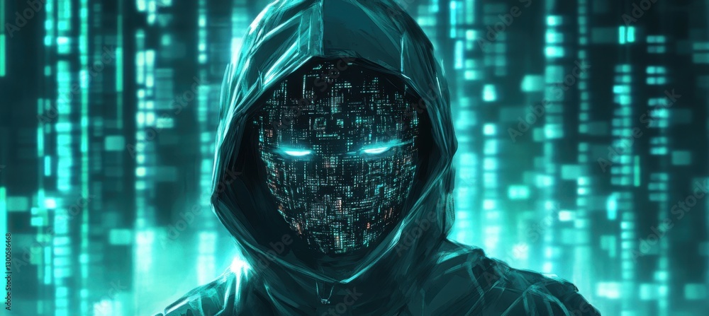 Poster Mysterious figure in a cybernetic landscape illuminated by digital codes and glowing patterns