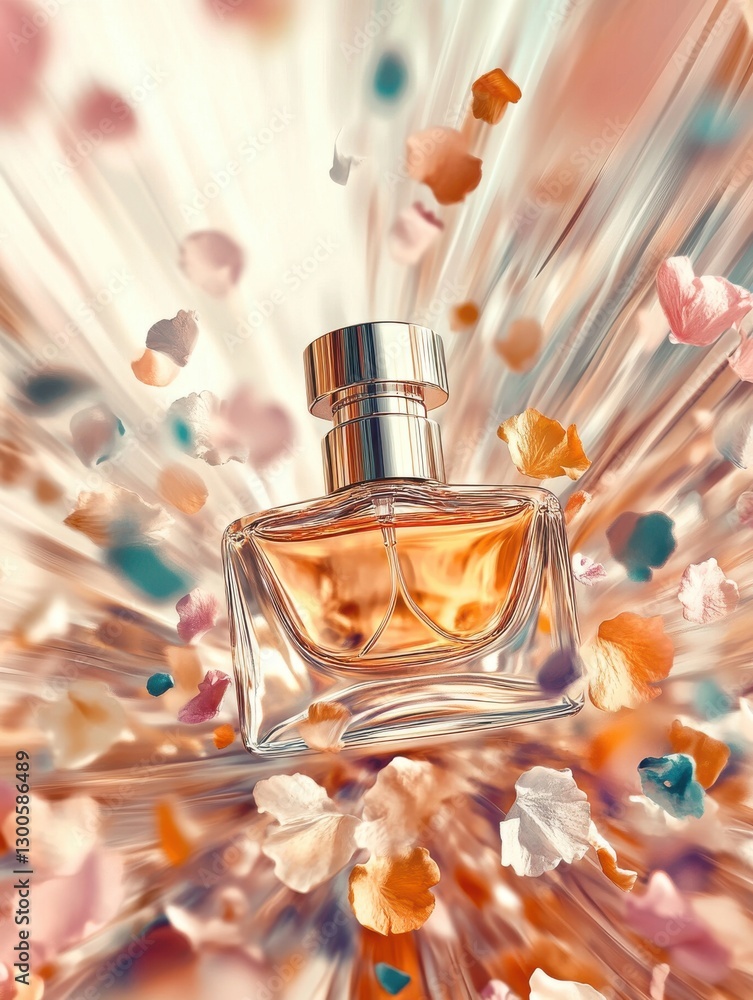 Poster Suspended elegance in motion with a captivating perfume bottle surrounded by swirling abstract floral colors