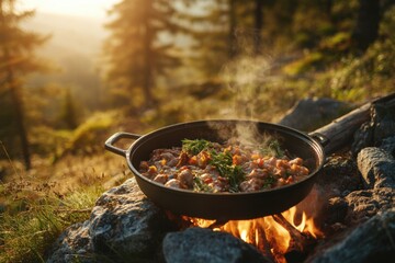 Couple mountain hiking together with adventure composition and golden hour lighting and copy space